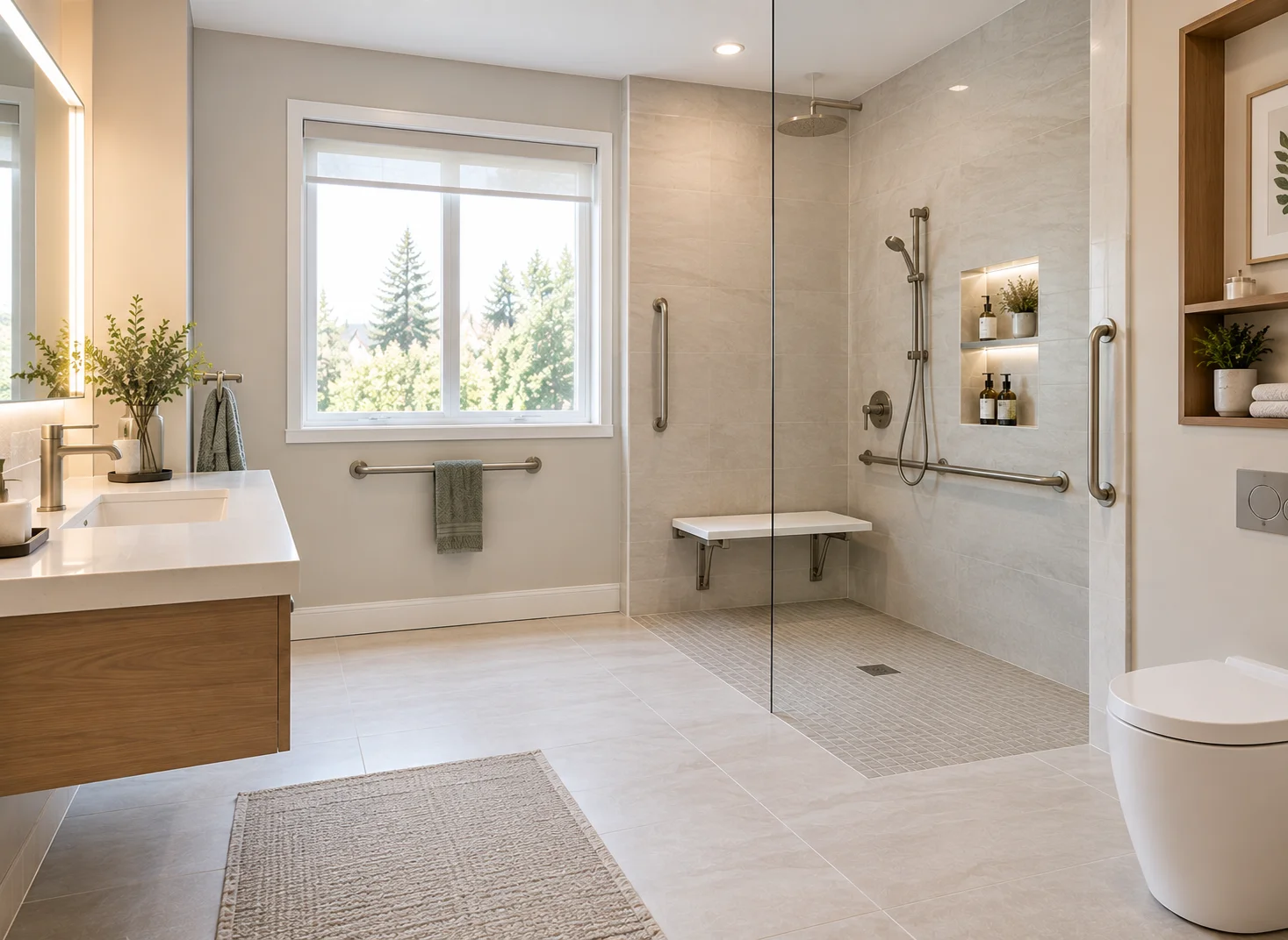 Accessible bathroom renovation in Aurora, GTA featuring a curbless walk-in shower, grab bars, shower seating, non-slip flooring, accessible vanity, modern fixtures, and safe bathroom design