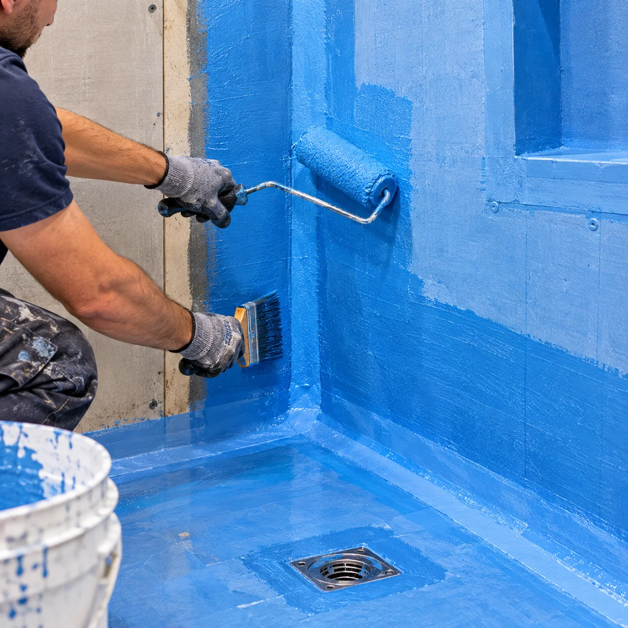 Contractor applying waterproof membrane to shower walls during bathroom waterproofing installation in Aurora.