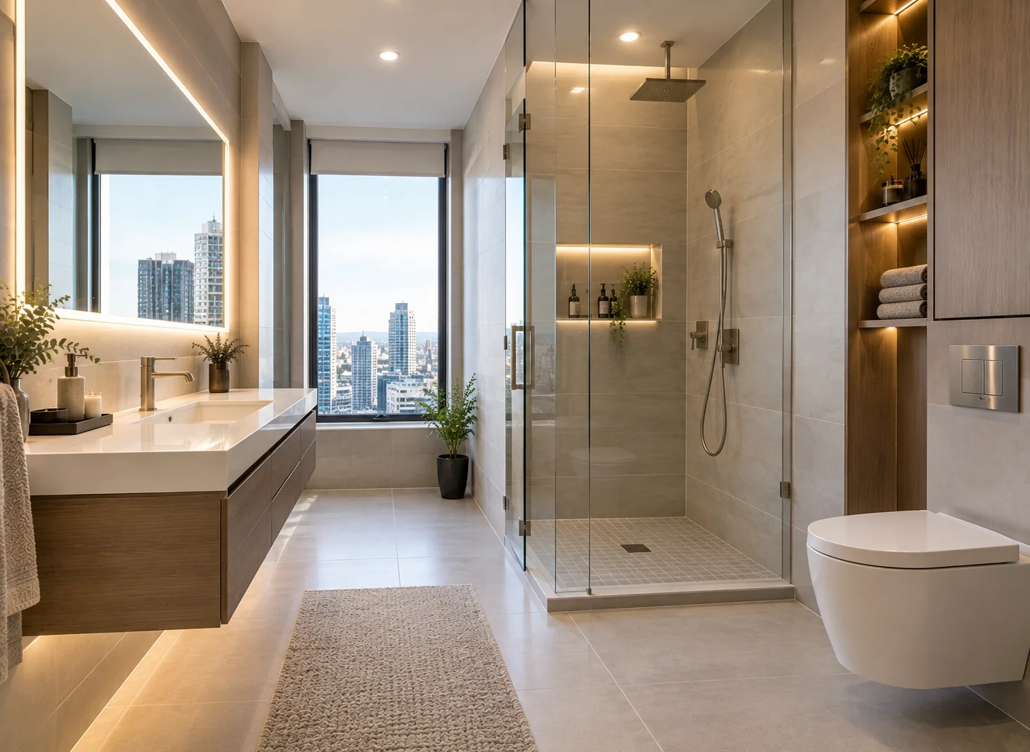Condo bathroom renovation in Aurora, GTA featuring a space-efficient modern vanity, walk-in glass shower, custom storage, premium tiles, contemporary fixtures, and stylish lighting