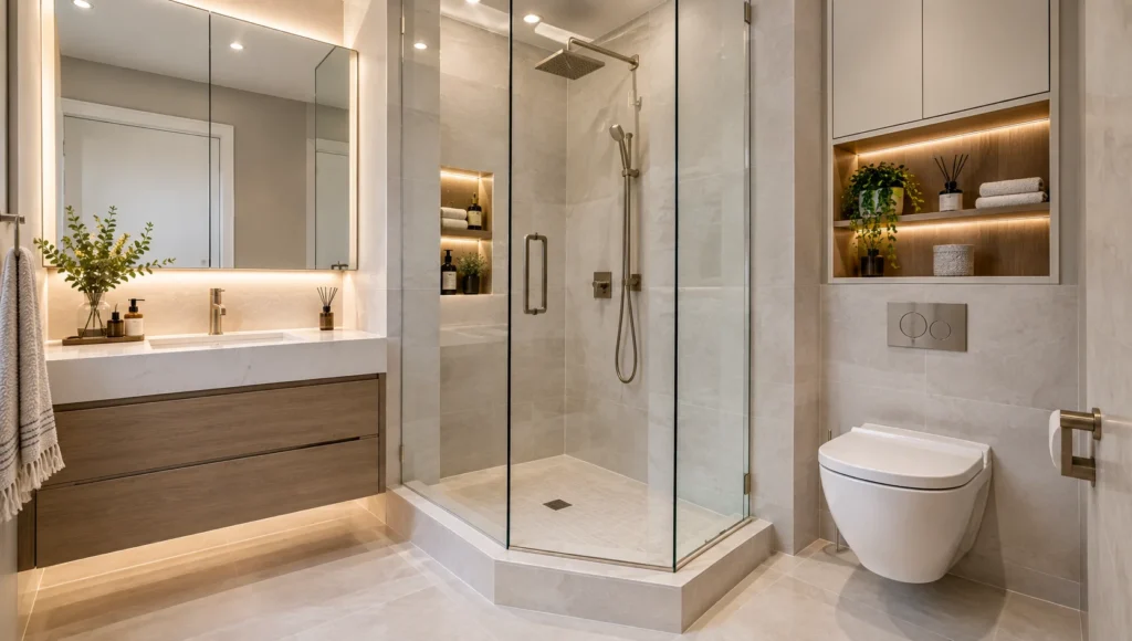 Bathroom renovation in condos and compact bathrooms in Aurora, GTA featuring a space-saving vanity, walk-in shower, custom storage, premium tiles, modern fixtures, and efficient layout