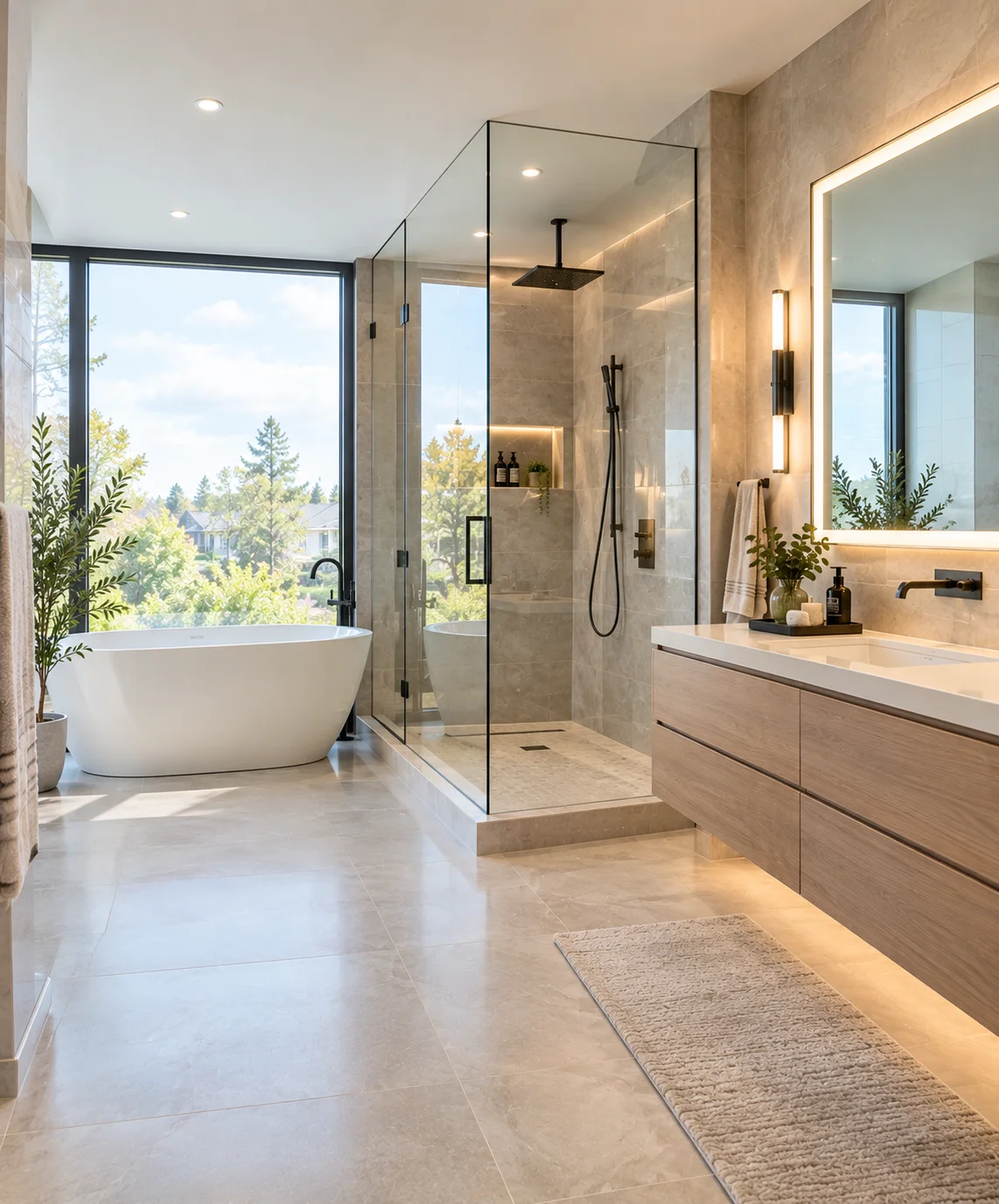 Contemporary bathroom design in Aurora, GTA featuring a modern floating vanity, frameless glass shower, premium porcelain tiles, sleek fixtures, ambient lighting, and elegant finishes
