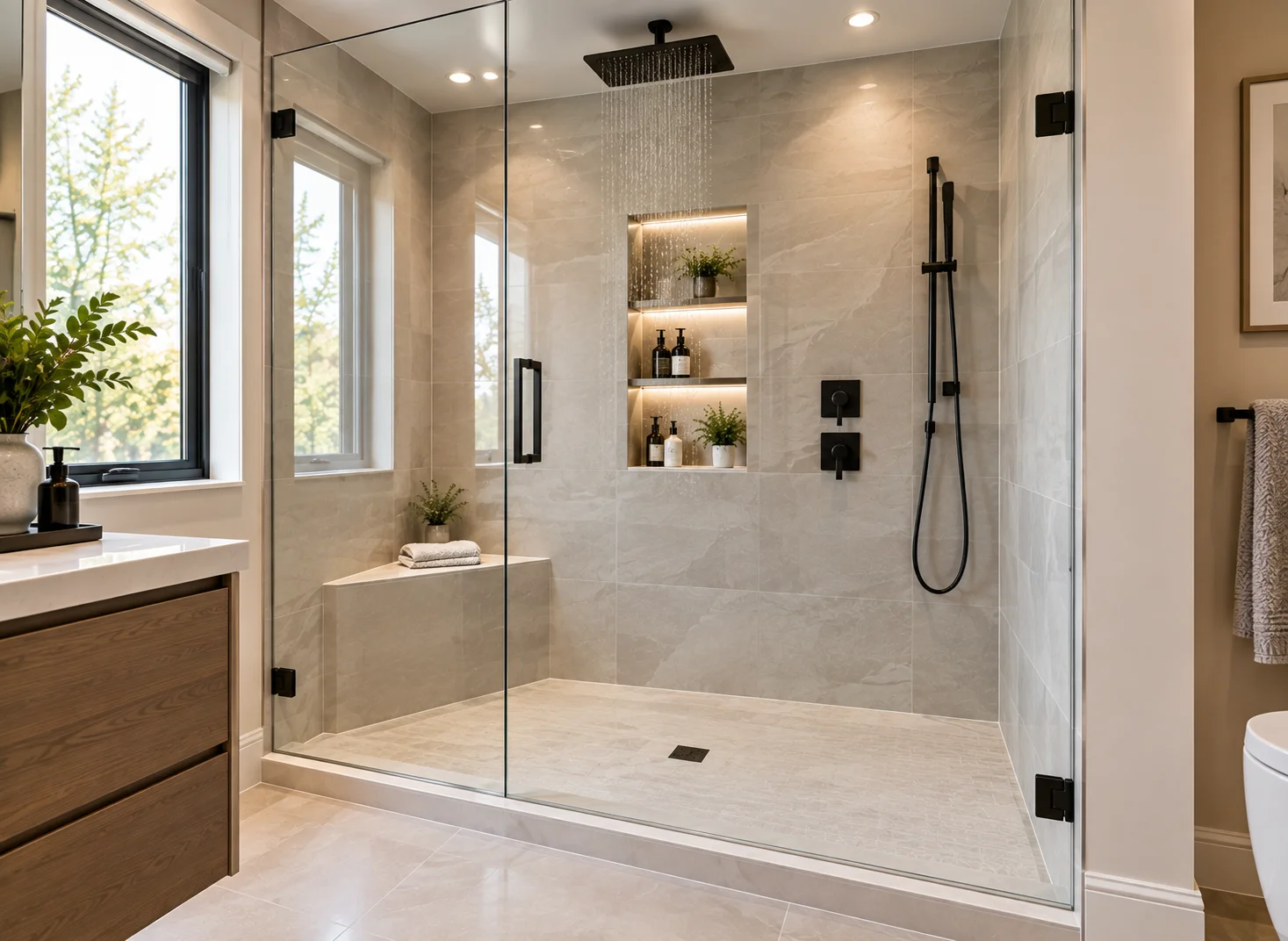 Bathtub to walk-in shower conversion in Aurora, GTA featuring a modern frameless glass enclosure, low-threshold shower base, rainfall shower system, recessed niche, grab bars, and premium wall tiles
