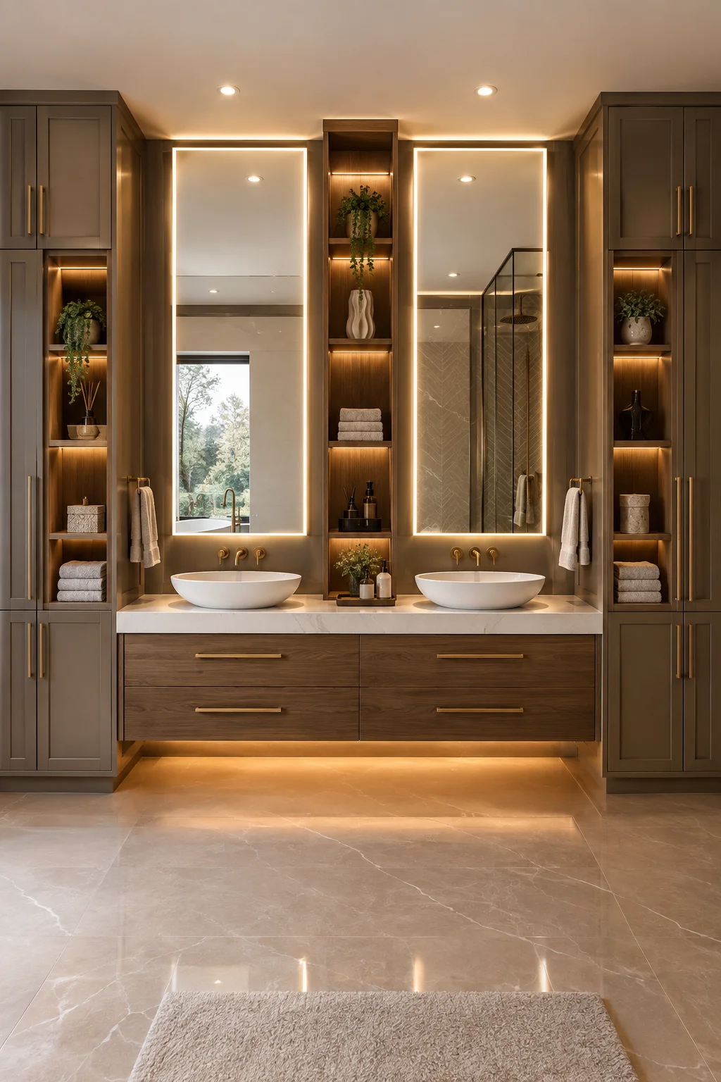 Custom bathroom vanities and storage in Aurora, GTA featuring a floating vanity, quartz countertop, built-in cabinetry, integrated drawers, open shelving, large mirrors, and organized storage