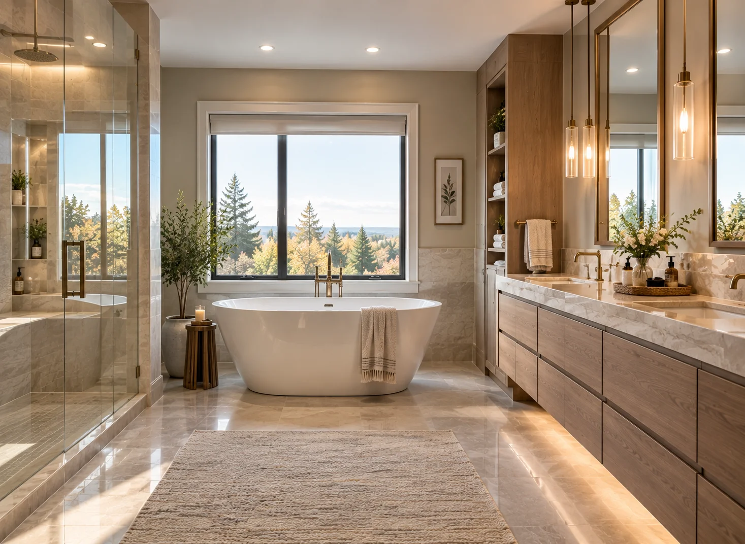 Ensuite bathroom renovation in Aurora, GTA featuring a spacious modern vanity, walk-in glass shower, freestanding bathtub, premium tiles, custom storage, contemporary fixtures, and elegant lighting