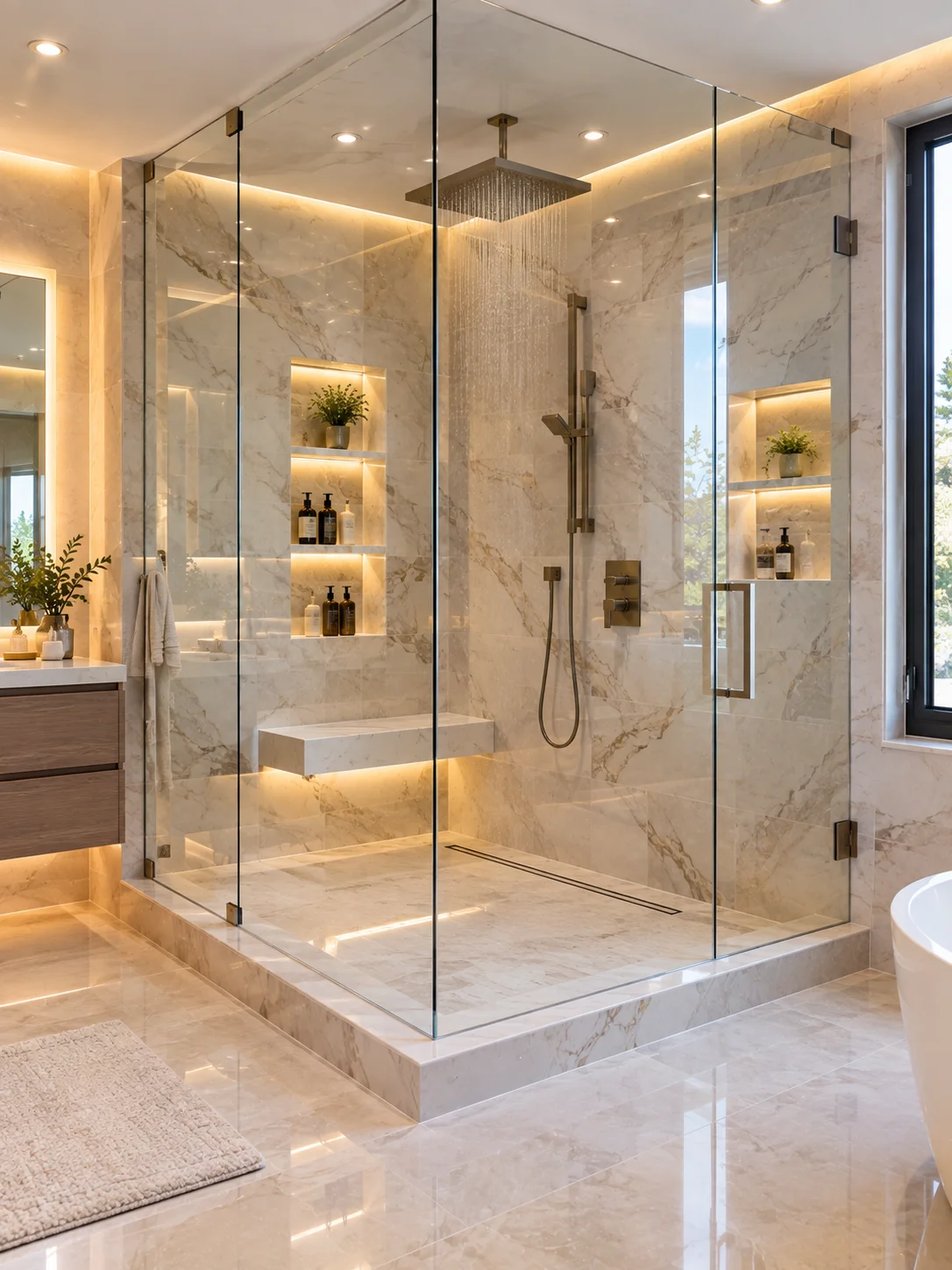 Frameless and walk-in shower design in Aurora, GTA featuring a clear glass enclosure, rainfall shower system, recessed niche, premium wall tiles, modern fixtures, and elegant finishes