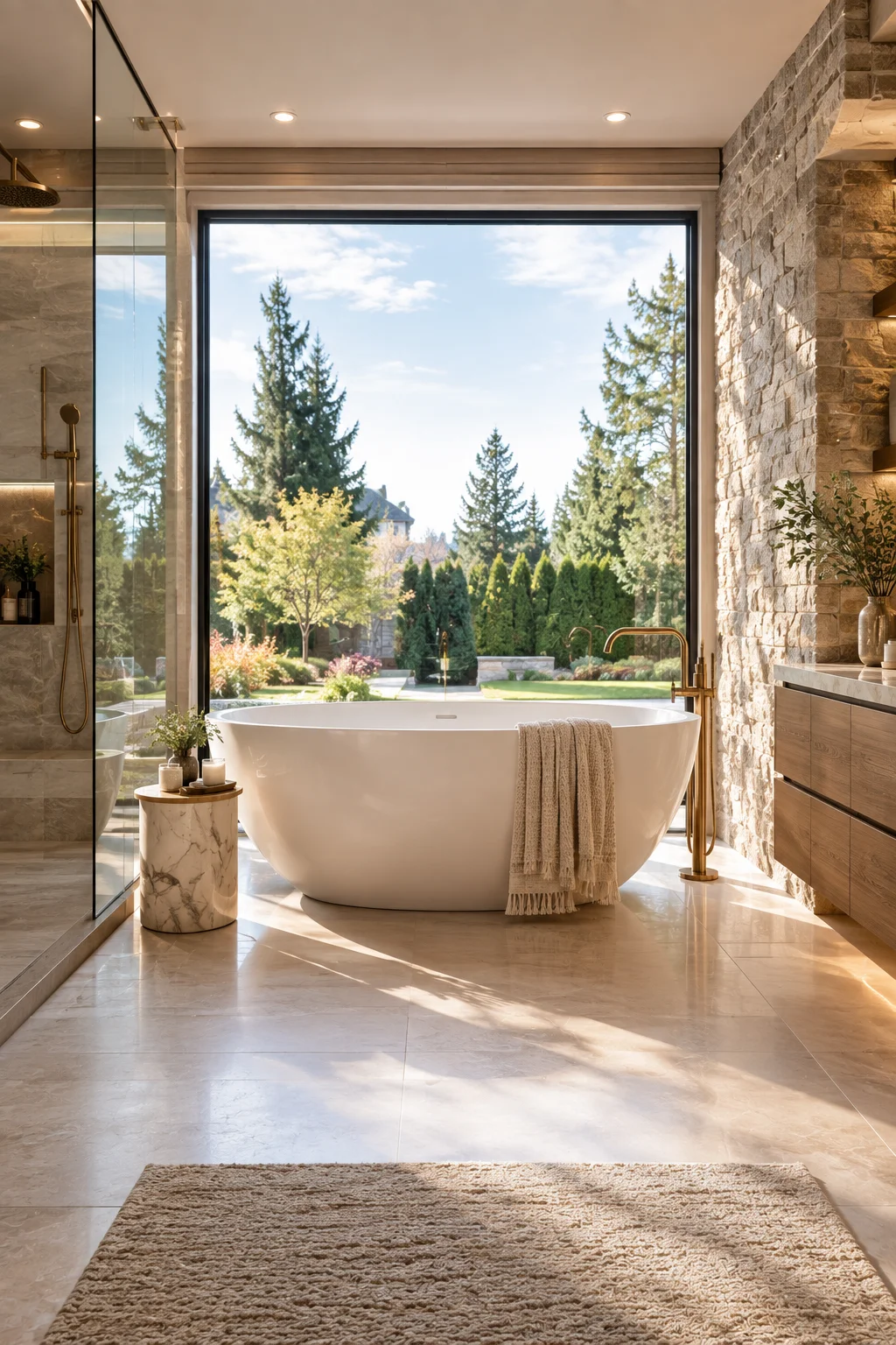 Freestanding bathtubs and soaker tubs in Aurora, GTA featuring a modern standalone tub, premium wall tiles, elegant fixtures, warm lighting, custom vanity, and relaxing spa-inspired bathroom design