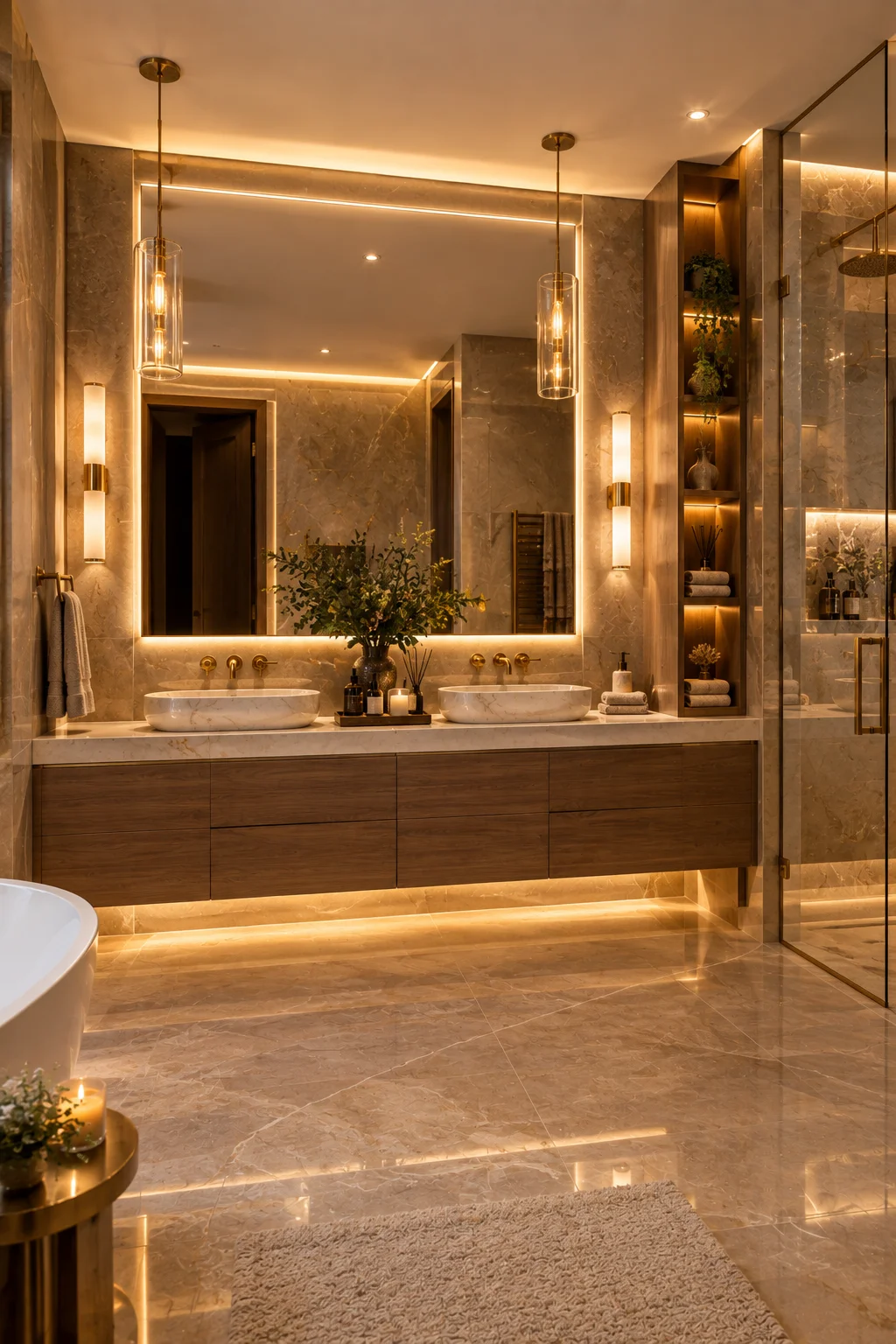 Bathroom lighting, mirrors, and finishing touches in Aurora, GTA featuring an illuminated vanity mirror, modern lighting fixtures, premium finishes, elegant hardware, and contemporary bathroom design