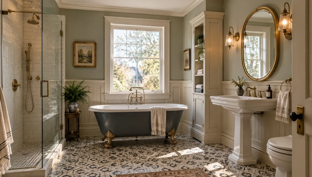 Bathroom renovation in an older and heritage home in Aurora, GTA featuring a modernized layout, updated plumbing, classic architectural details, premium tiles, custom vanity, and contemporary fixtures