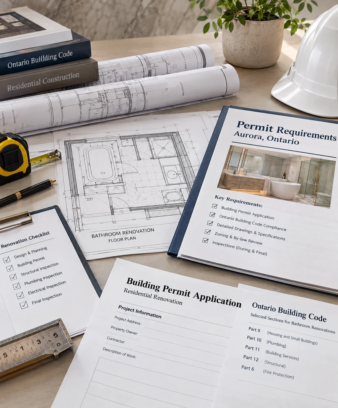 Ontario Building Code and Aurora permit requirements for bathroom renovations, including compliant plumbing, electrical, structural work, waterproofing, inspections, and renovation plans
