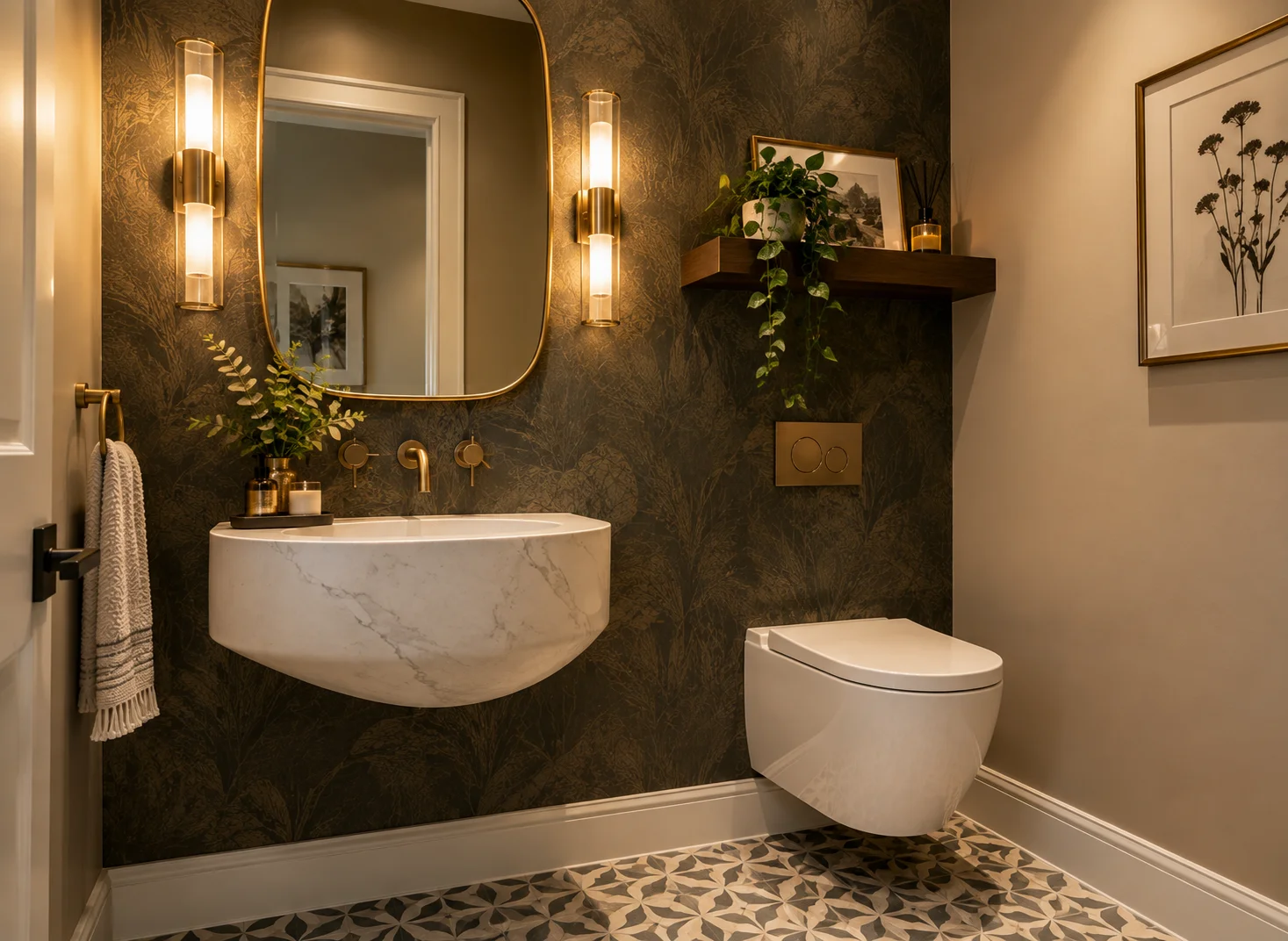 Powder room renovation in Aurora, GTA featuring a stylish custom vanity, designer mirror, premium wall tiles, modern fixtures, decorative lighting, and elegant space-saving design