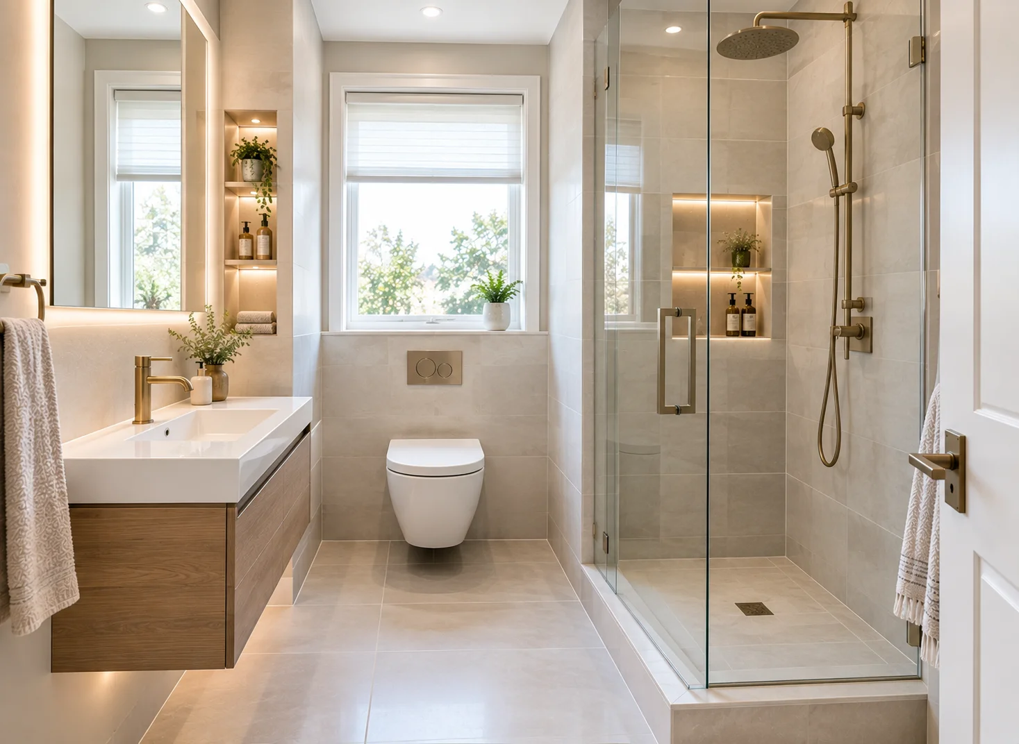Small bathroom renovation in Aurora, GTA featuring a space-saving modern vanity, compact walk-in shower, wall-mounted storage, premium tiles, contemporary fixtures, and efficient bathroom design