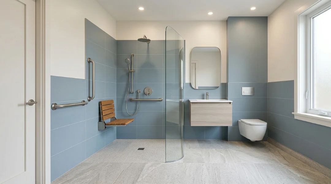 Compact walk-in shower with accessibility features including handheld showerhead, grab bars, and low-threshold entry.