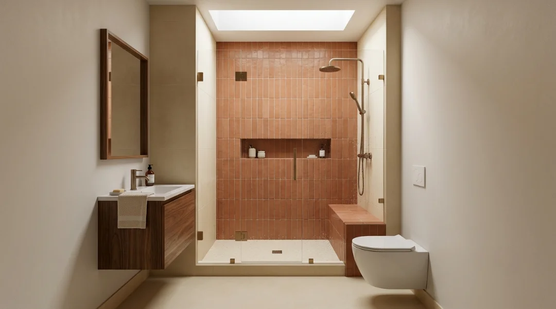 Alcove walk-in shower installed between three walls with a glass door and efficient bathroom layout.