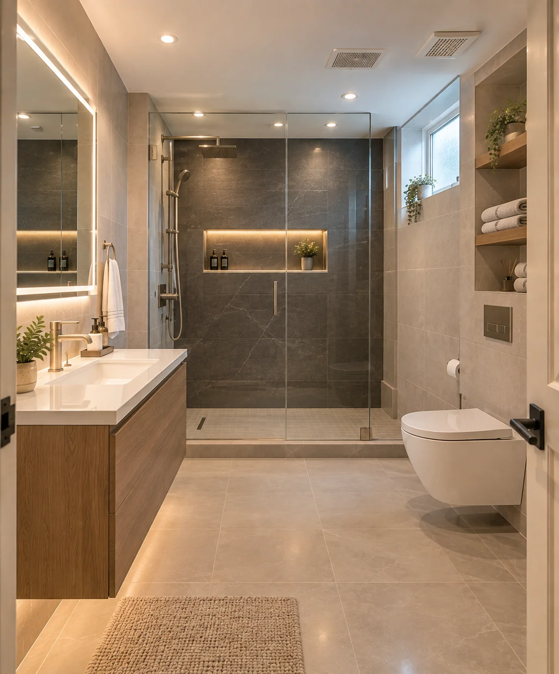 Basement bathroom renovation in Thornhill with a modern shower, custom vanity, practical storage, and functional contemporary design