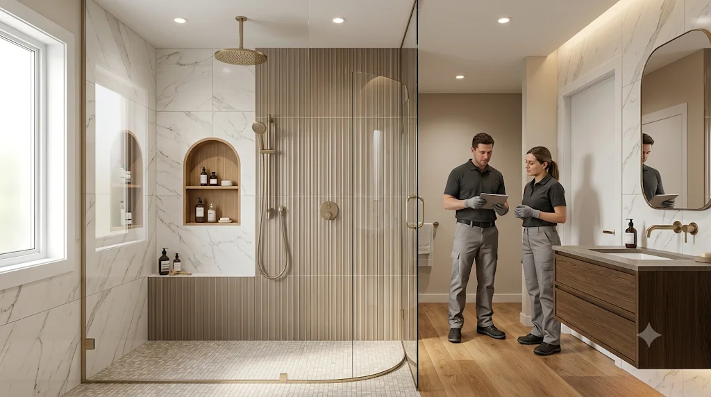 Professional BathBuilt Renovation walk-in shower installation with modern design, quality materials, and expert bathroom renovation services.
