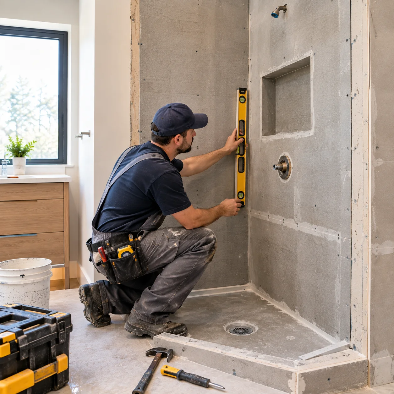 Contractor inspecting and preparing shower surfaces before bathroom waterproofing in Aurora.