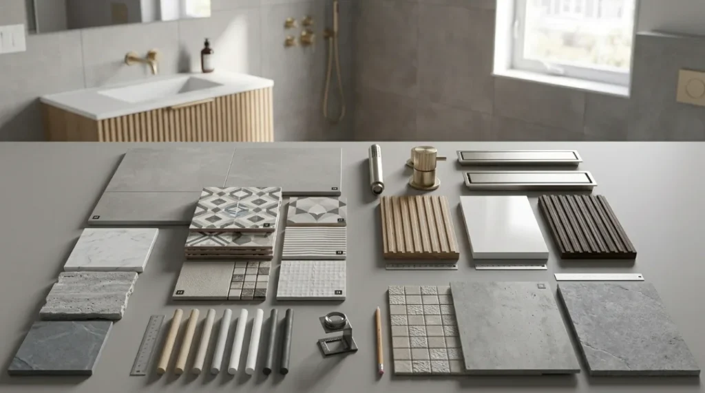 Bathroom tile and material selection samples 

