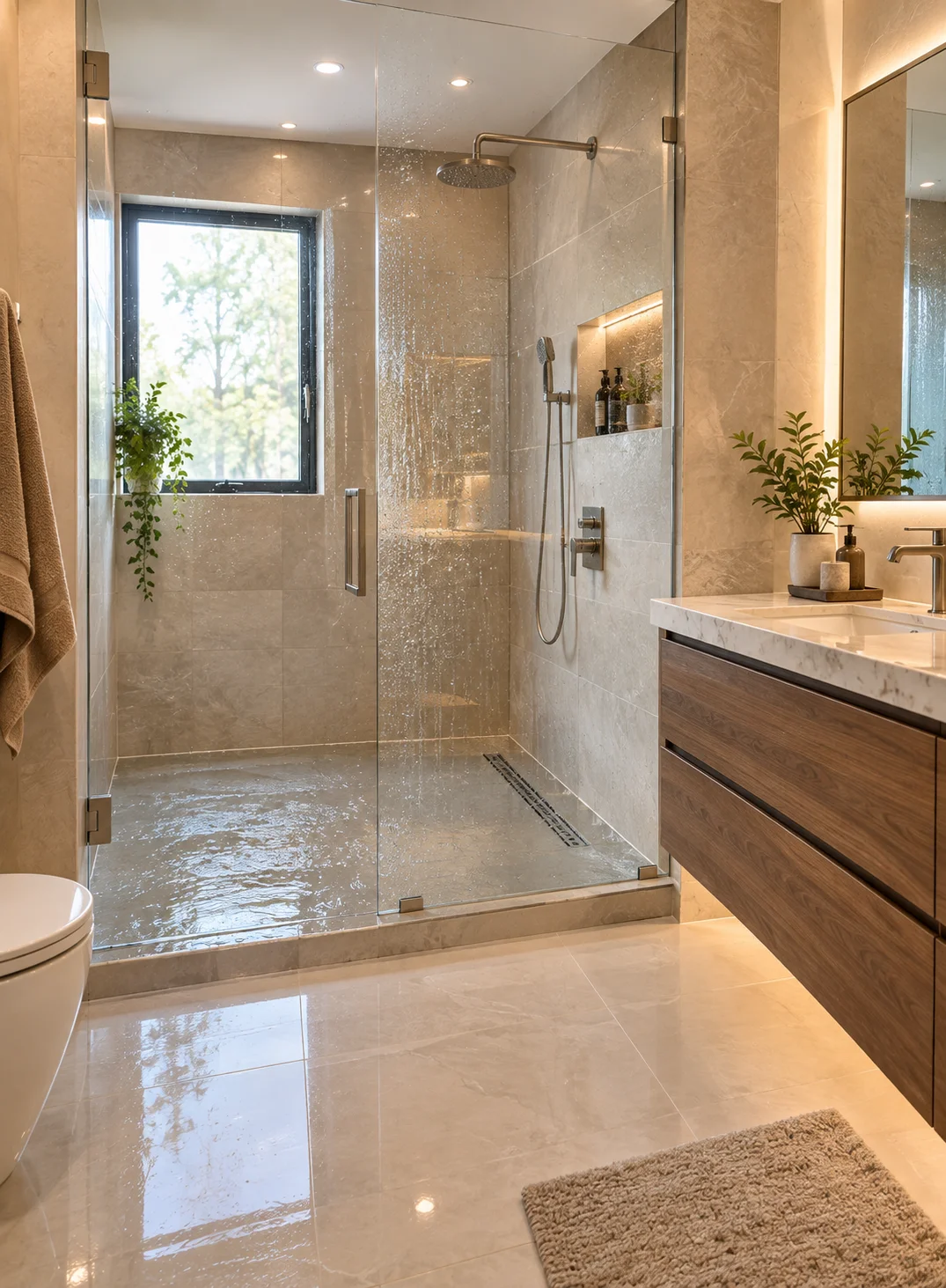 Modern bathroom showing shower water exposure and the importance of proper moisture protection.