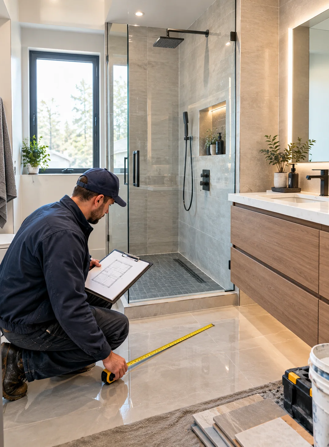 Bathroom renovation specialist measuring a wet area while planning waterproofing costs in Aurora.