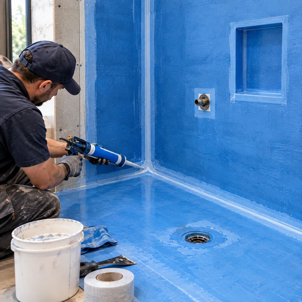 Contractor sealing shower joints and corners during bathroom waterproofing finish preparation in Aurora.