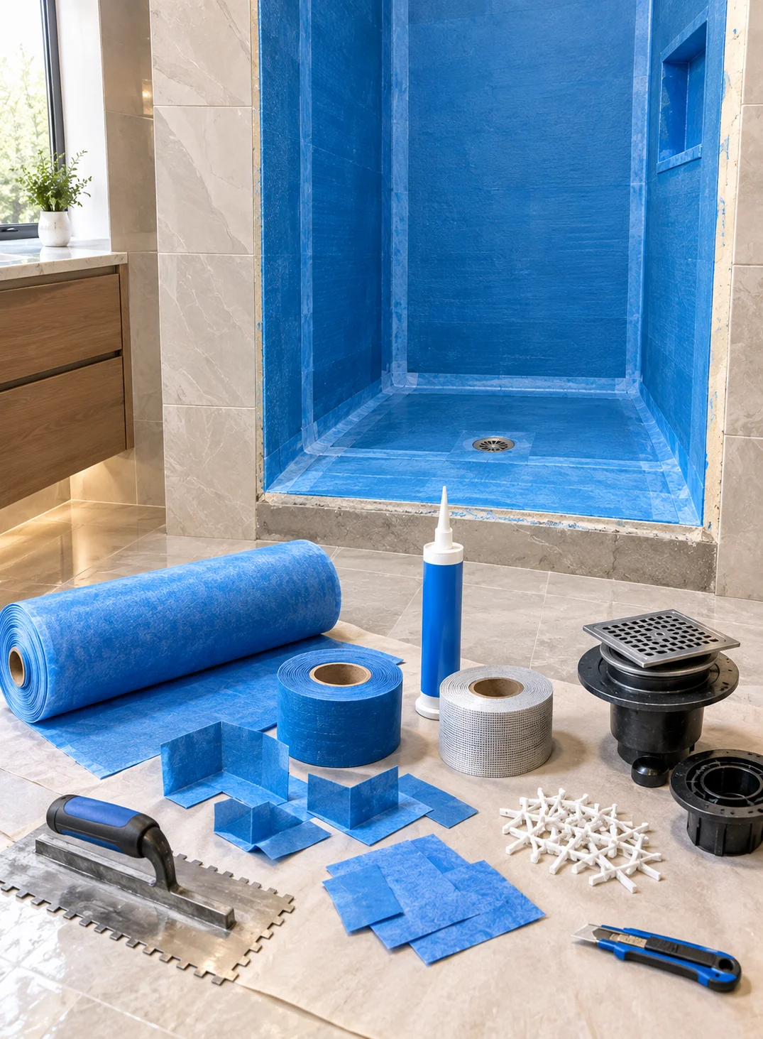 Bathroom waterproofing materials and components used for shower walls, floors, corners and joints.
