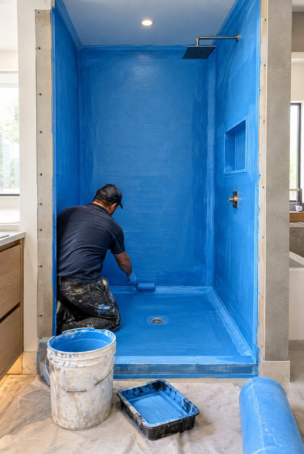 Bathroom waterproofing installation on shower walls and floor for moisture protection in Aurora, GTA.