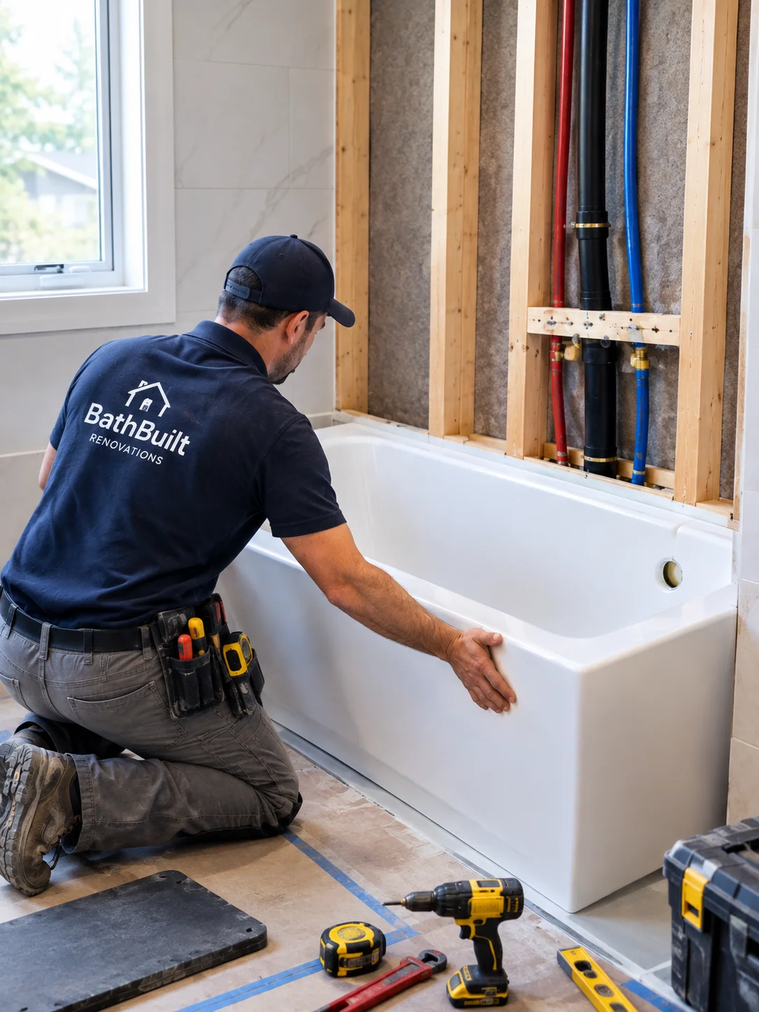 Professional bathtub installation Aurora service including tub placement, plumbing connections, secure support, waterproofing, and finishing work