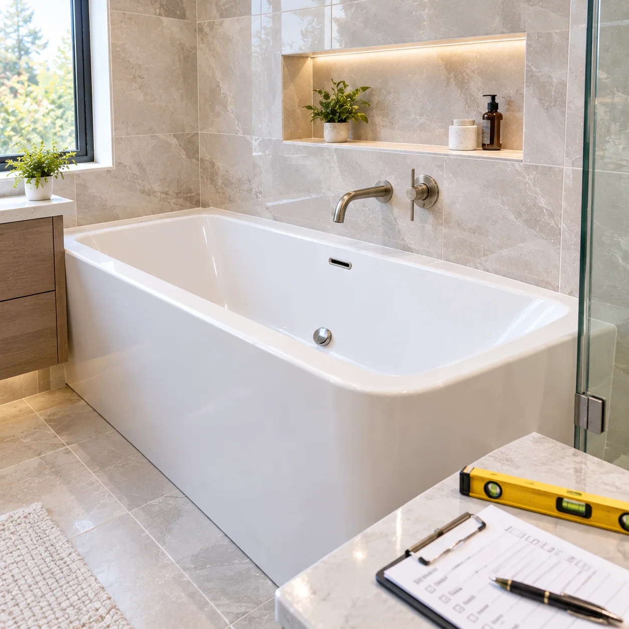 Newly installed bathtub undergoing final inspection for alignment, fixtures and finish quality in Aurora.