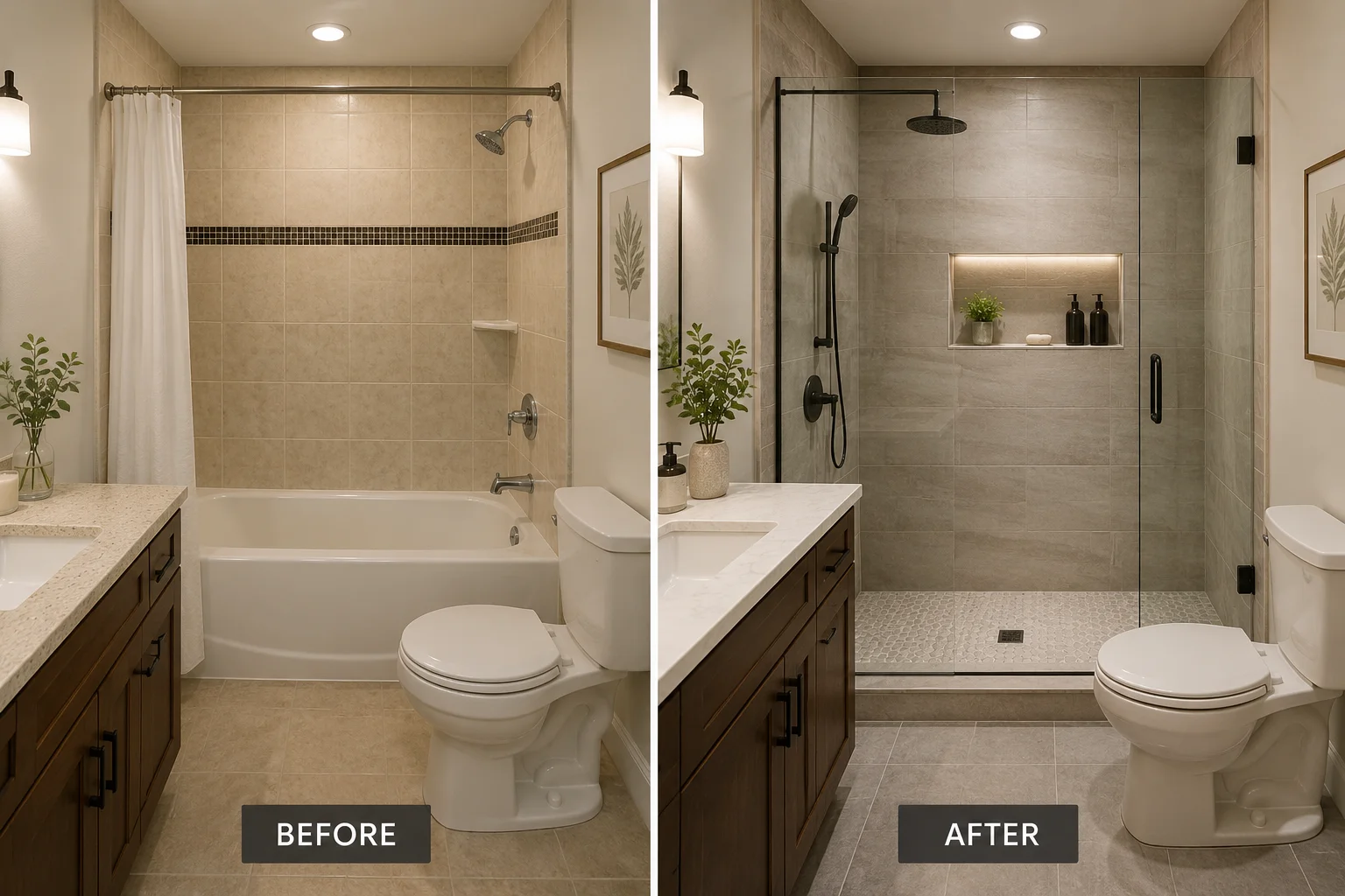 Bathtub to walk-in shower conversion with a modern glass shower enclosure and improved bathroom functionality.