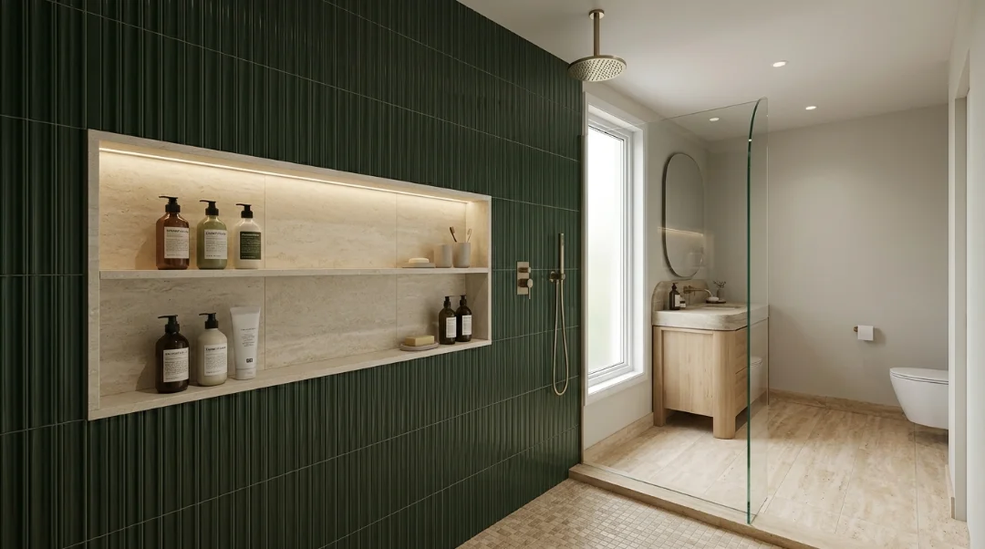 Built-in shower niche providing convenient storage for shampoo and shower products without using floor space.