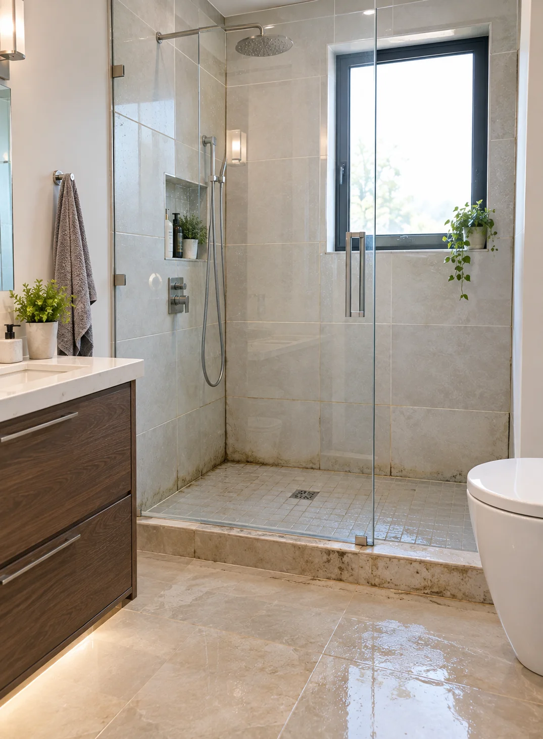 Bathroom showing common moisture problems around shower tiles, grout and wet areas.