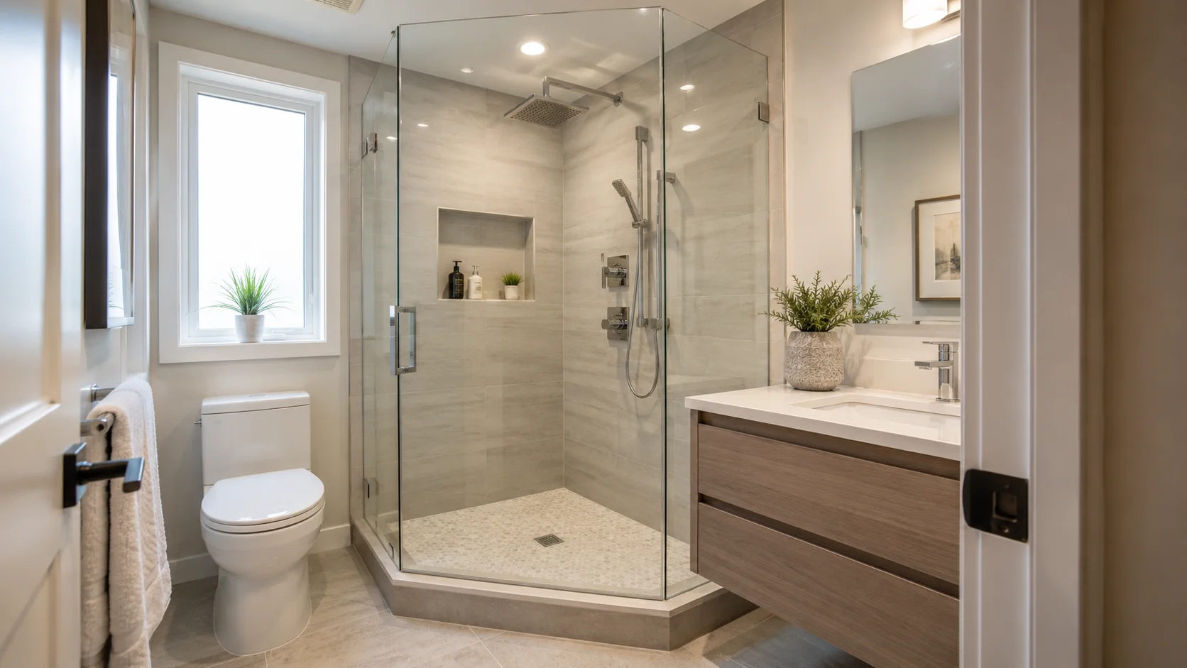 Corner walk-in shower design with clear glass enclosure and recessed niche to maximize space in a small bathroom.