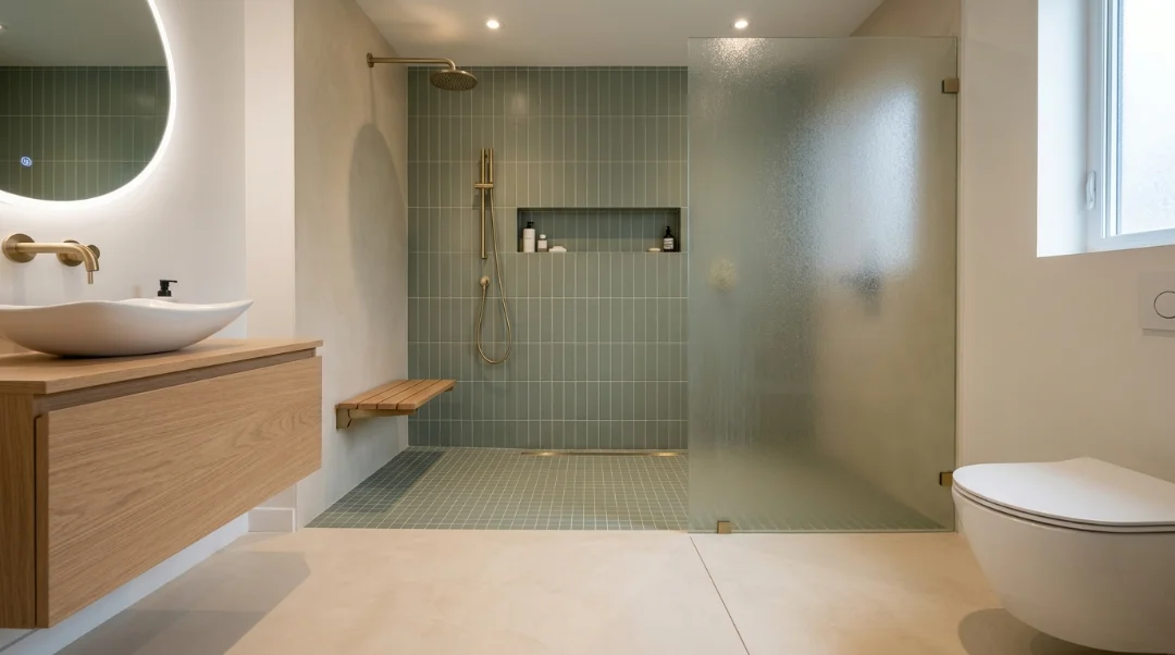 Curbless walk-in shower with seamless flooring, easy entry, and a modern accessible bathroom design.