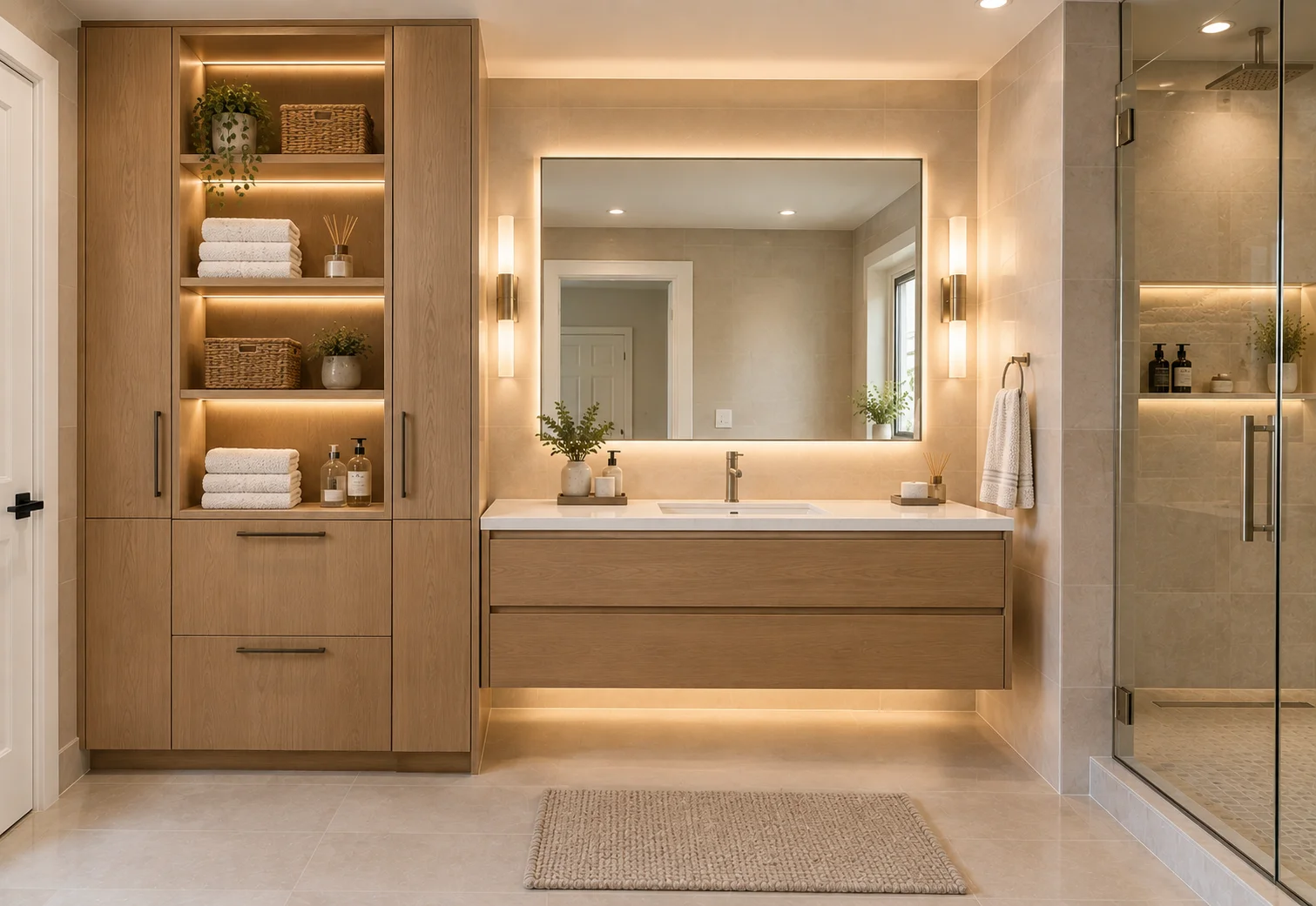 Custom bathroom storage with built-in cabinets and open shelving in Thornhill