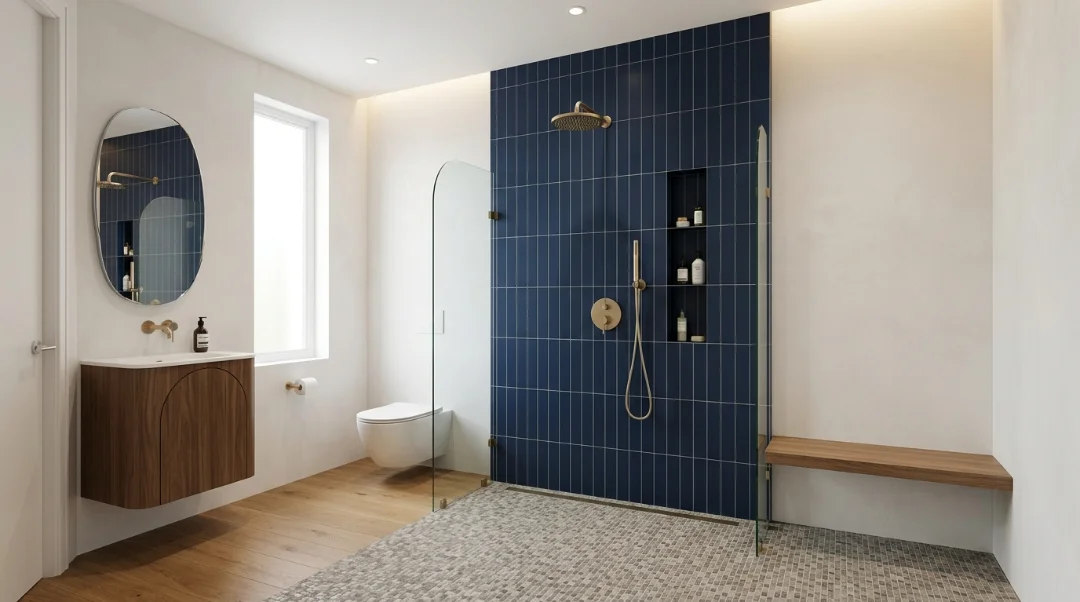 Doorless walk-in shower with open entry, glass splash panel, and modern design for a small bathroom.