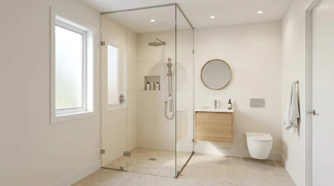Fixed glass panel shower with an open design that provides easy access and better use of bathroom space.