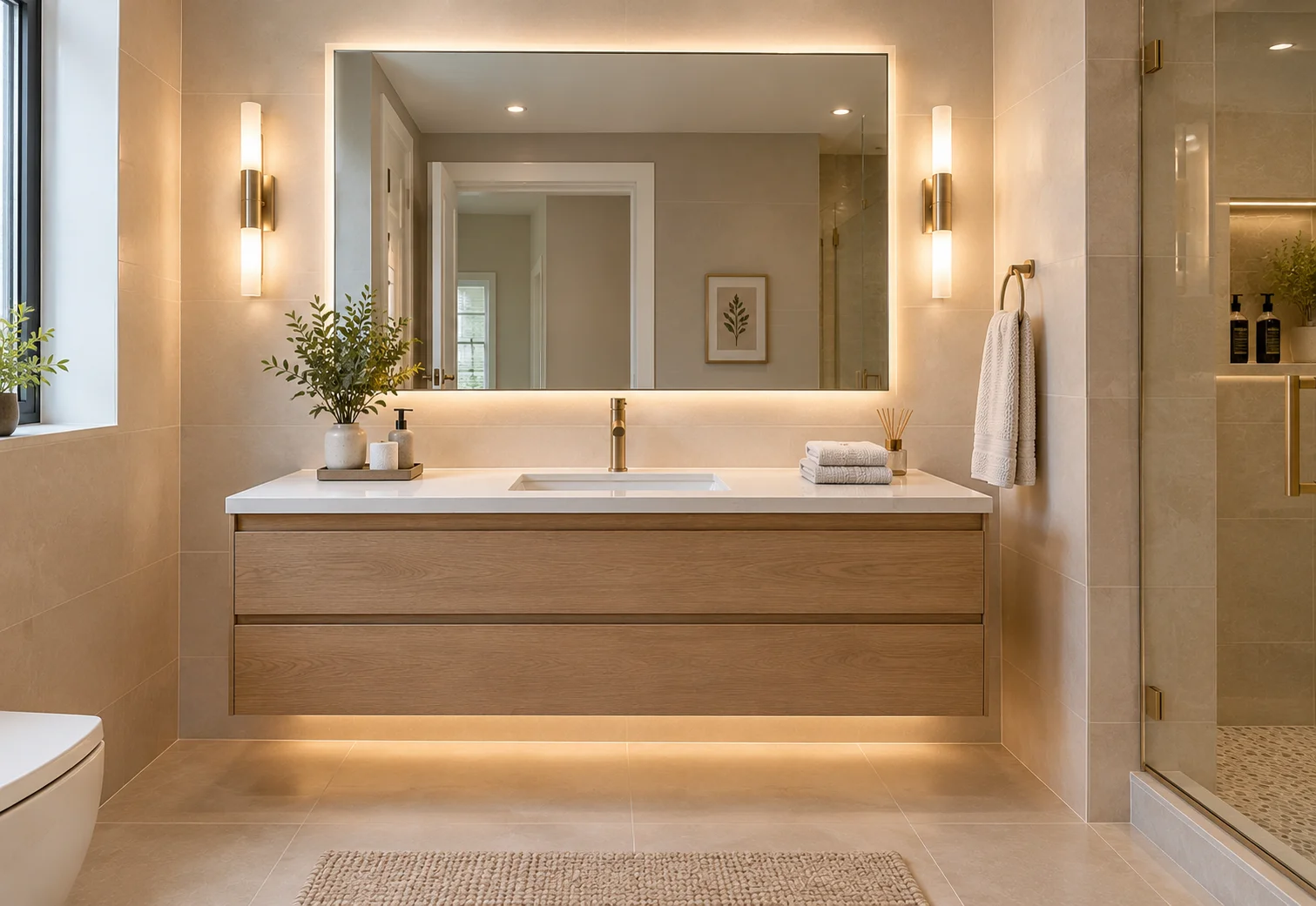 Floating bathroom vanity with modern storage and quartz countertop in a Thornhill bathroom