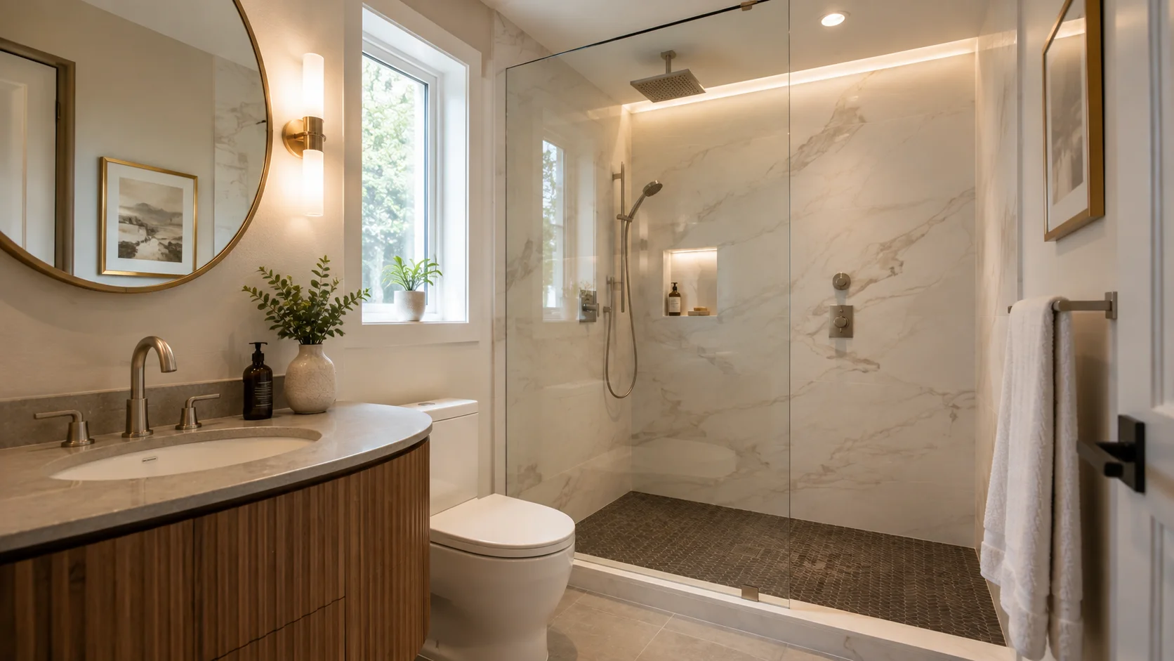 Frameless glass walk-in shower with clear panels creating an open and spacious look in a compact bathroom.