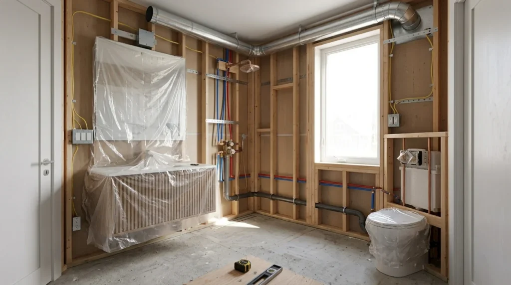 Functional small bathroom layout with walk-in shower 

