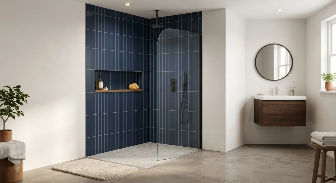 Half-wall with glass panel shower design providing privacy while maintaining an open bathroom appearance.