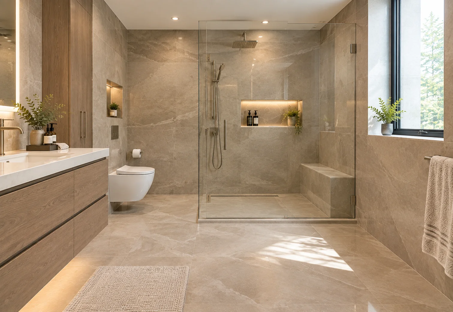 Large-format porcelain tile installation in a modern Thornhill bathroom