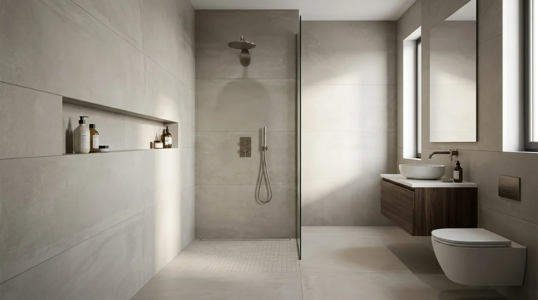 Large-format tile walk-in shower with fewer grout lines and a clean modern bathroom finish.