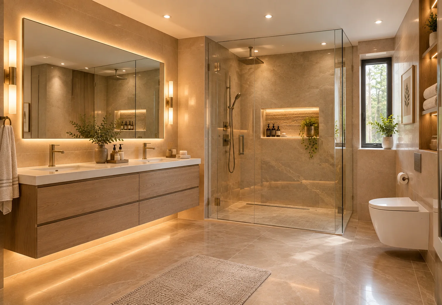 Layered bathroom lighting with recessed lights, vanity lighting and LED accents in Thornhill