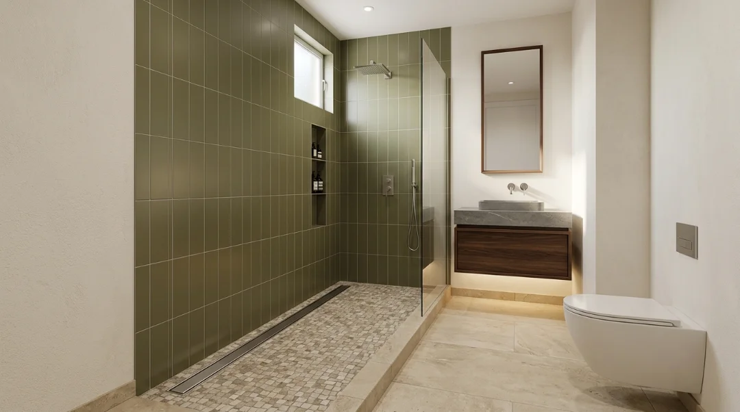 Linear drain walk-in shower with a modern floor design and seamless large-format tile installation.