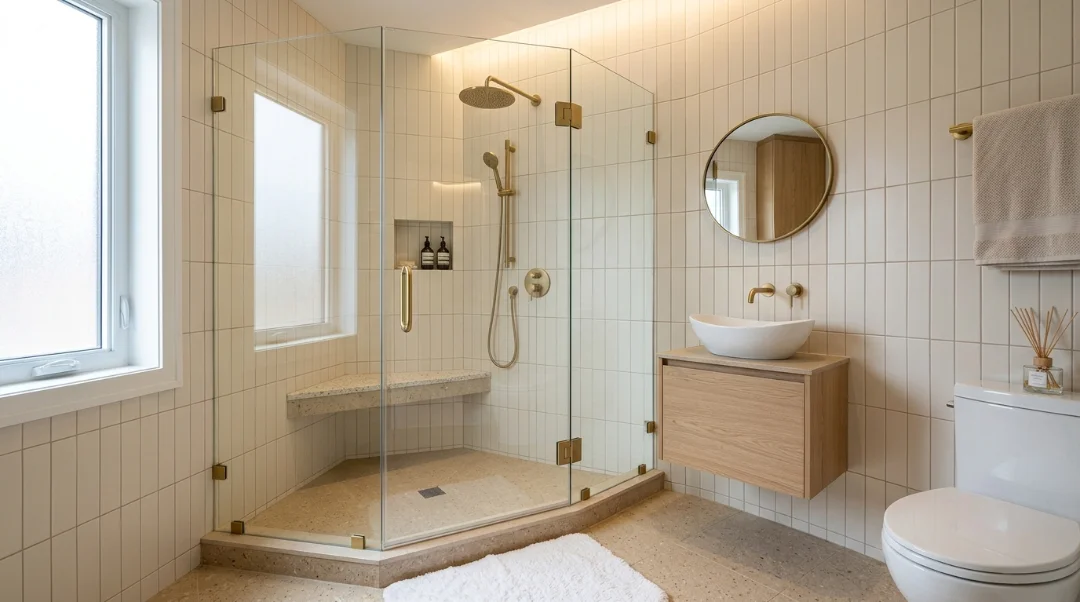 Neo-angle shower with angled glass panels creating a space-saving corner shower layout in a modern bathroom.
