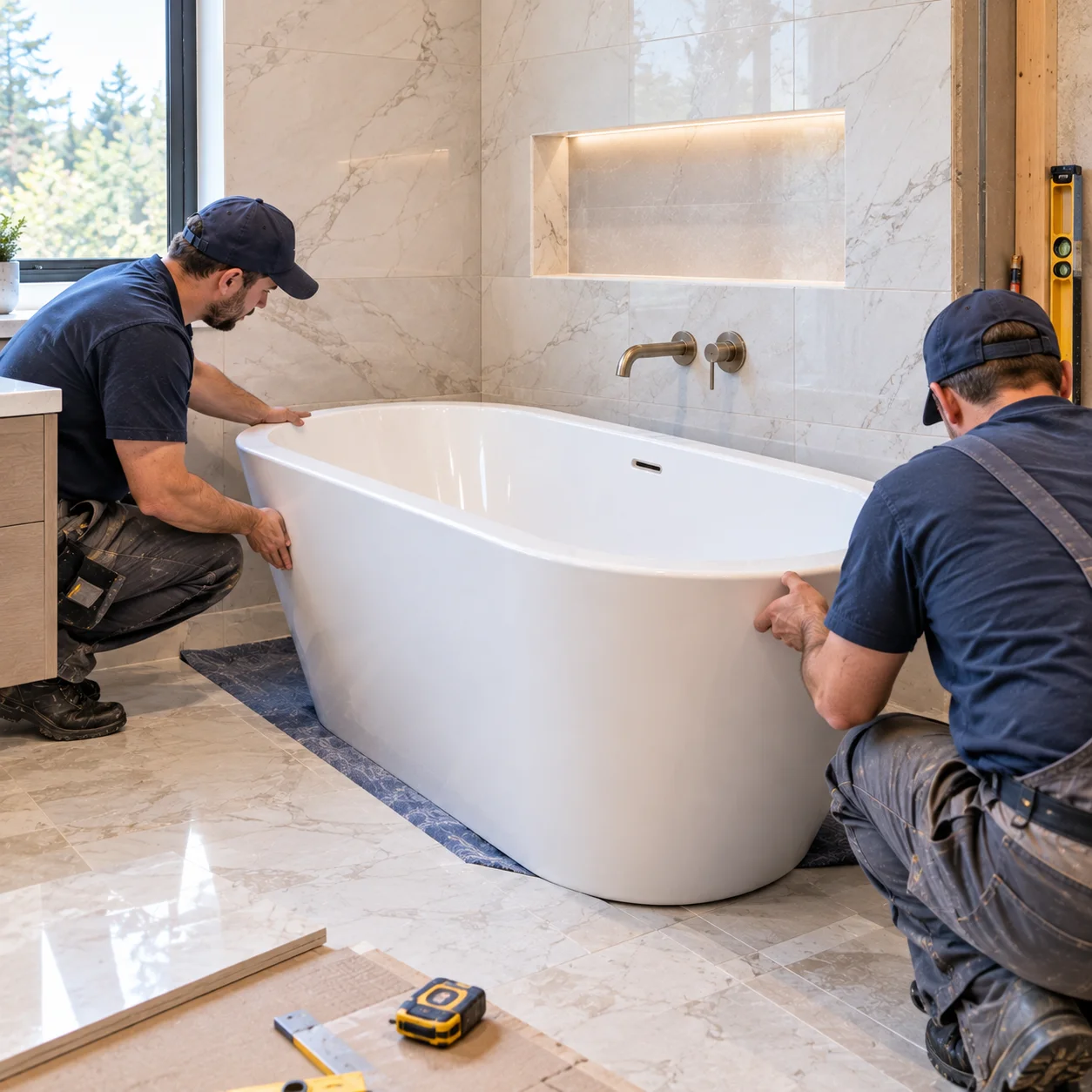 New bathtub being professionally positioned and installed during a bathroom renovation in Aurora.
