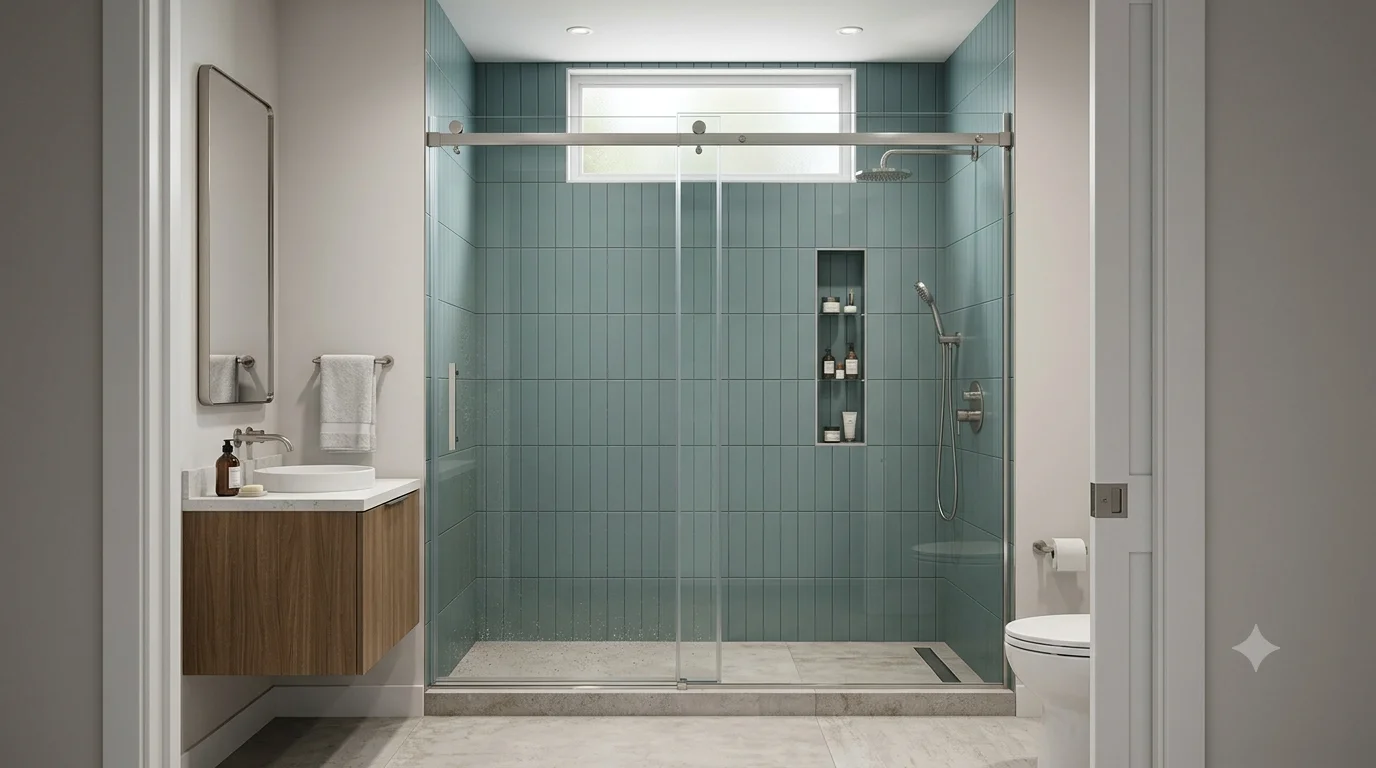 Sliding glass shower door design that saves space and creates a clean look in a compact bathroom.