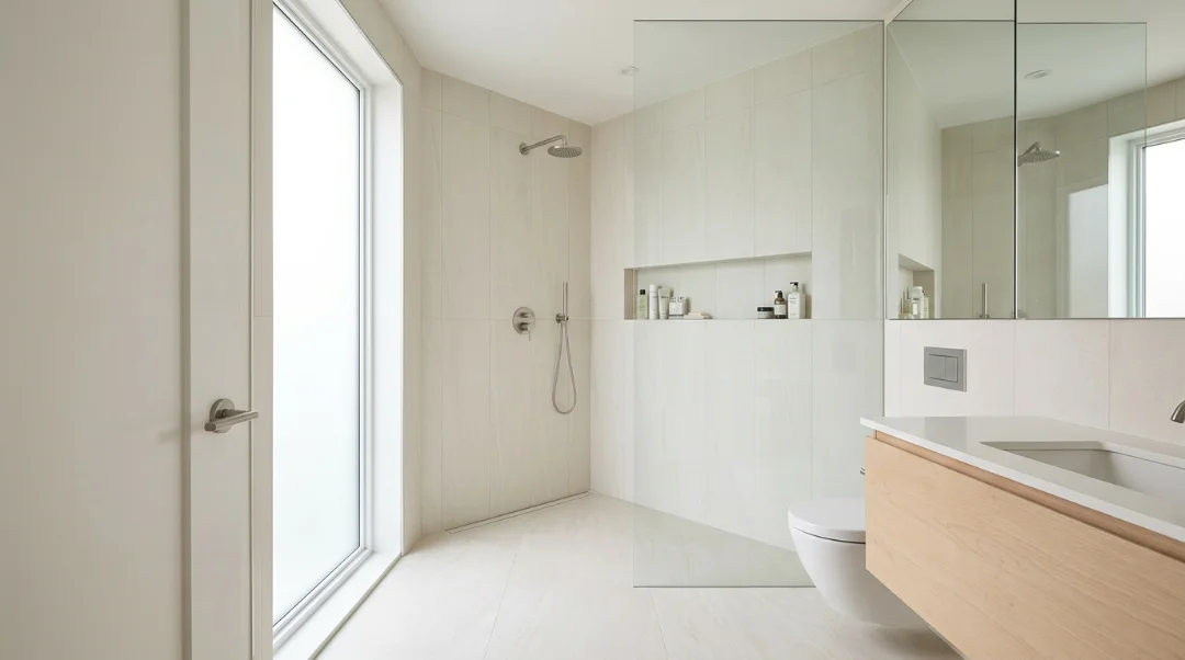 Small walk-in shower design with clear glass, light tiles, and smart layout ideas to make a compact bathroom feel larger.