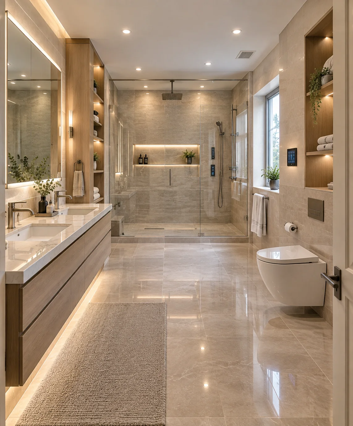 Smart bathroom remodeling in Thornhill with modern fixtures, efficient lighting, custom storage, and functional contemporary design