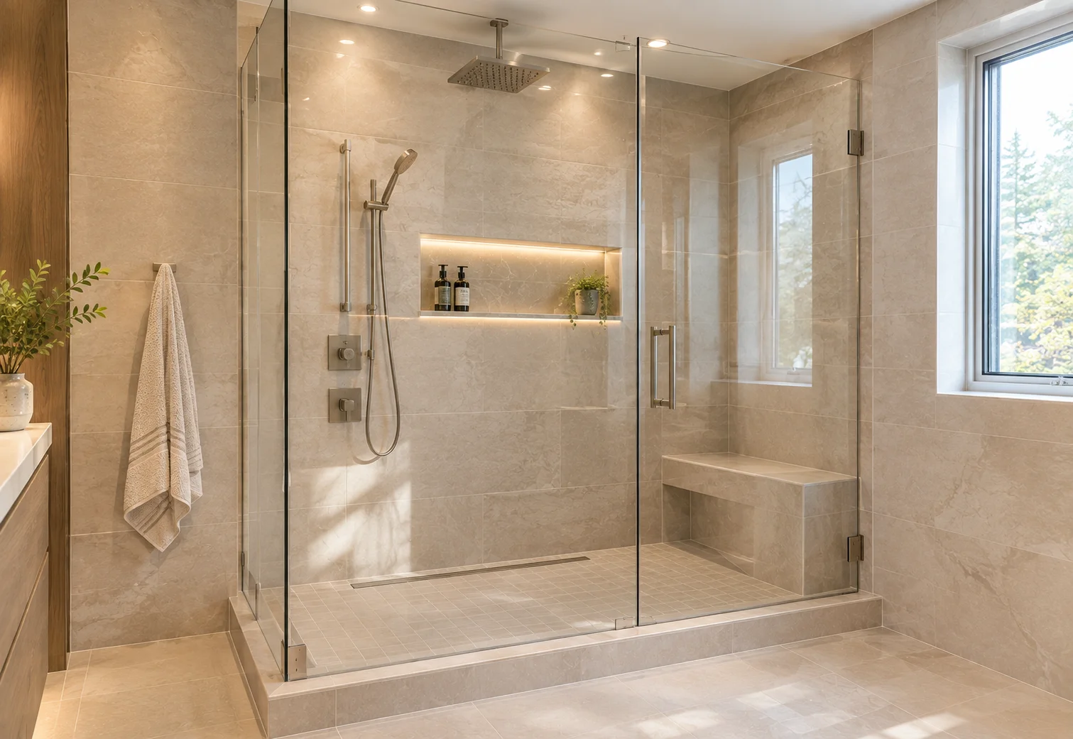 Modern walk-in shower with frameless glass enclosure in a Thornhill bathroom